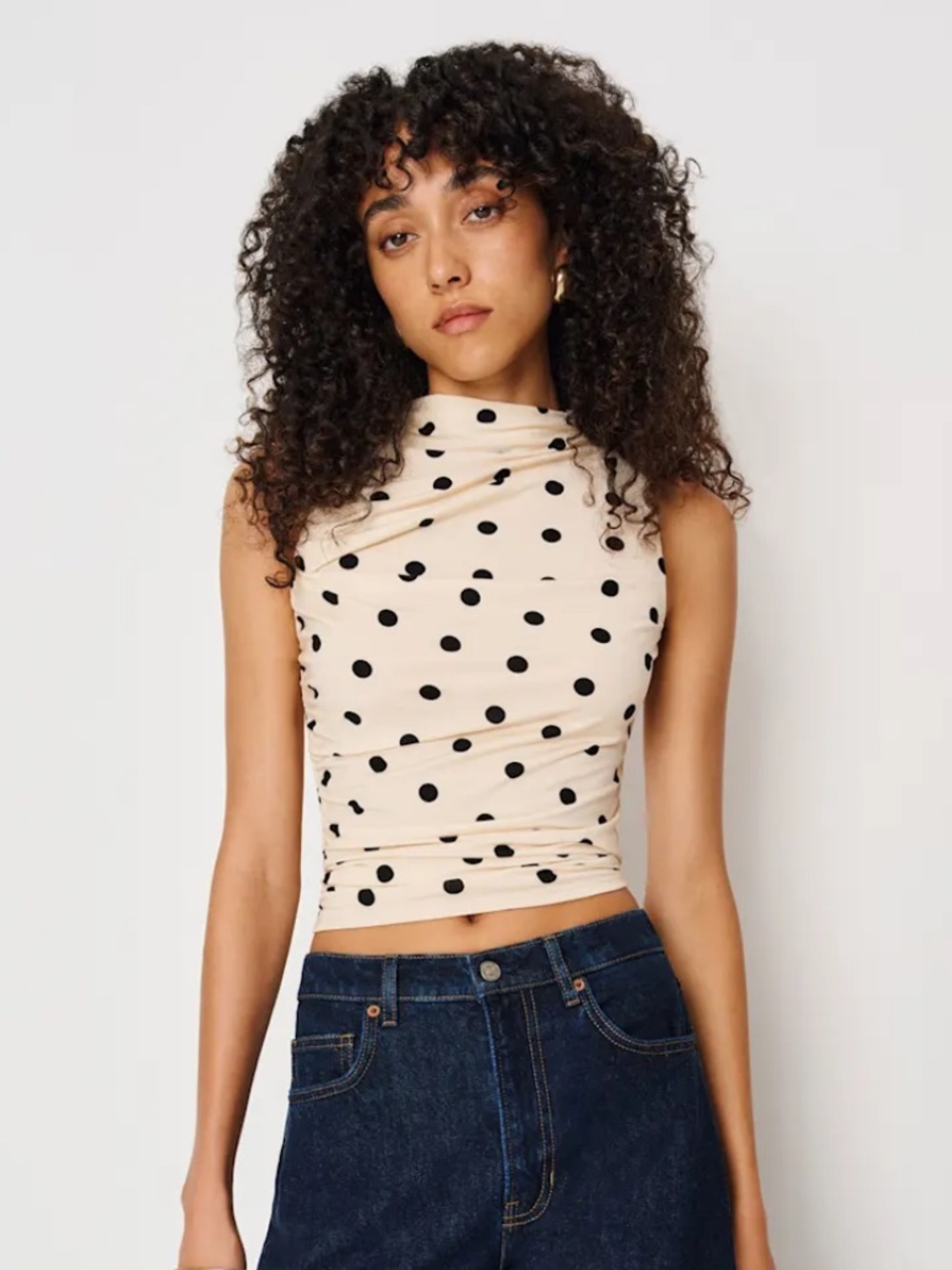 Reformation Marlo Beige Polka Dot Sleeveless Mock Neck Top